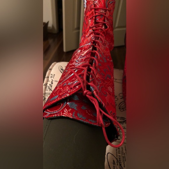 Boots; Fabric Upper; Floral Embroidery; Lace-Up, Side Zipper; Mid-Calf;Soft Sole - Picture 4 of 13